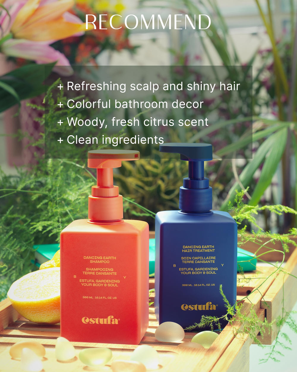 ESTUFA Dancing Earth Shampoo silicone-free label image signals gentle, non-irritating cleansing.