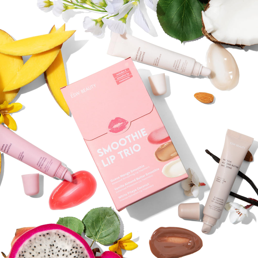 Application swipe of ESW Beauty Smoothie Lip Treatment on lips highlighting smooth texture