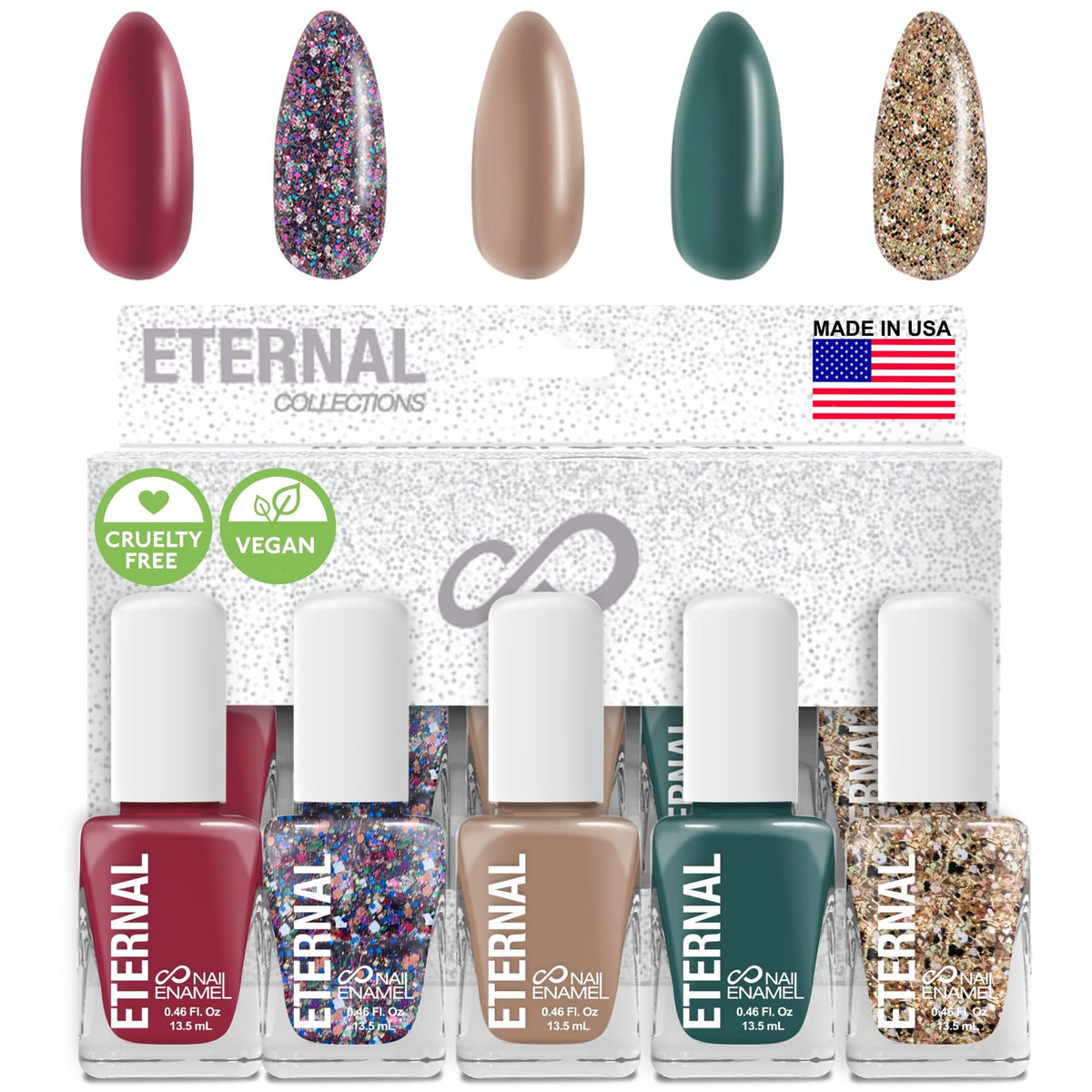 Eternal Glitter Nail Polish Set Cheers bottles on display showing five festive shades for easy DIY manicures