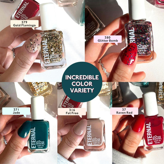 Eternal Glitter Nail Polish Set Cheers sparkling swatches demonstrate rich color payoff and brilliant shimmer