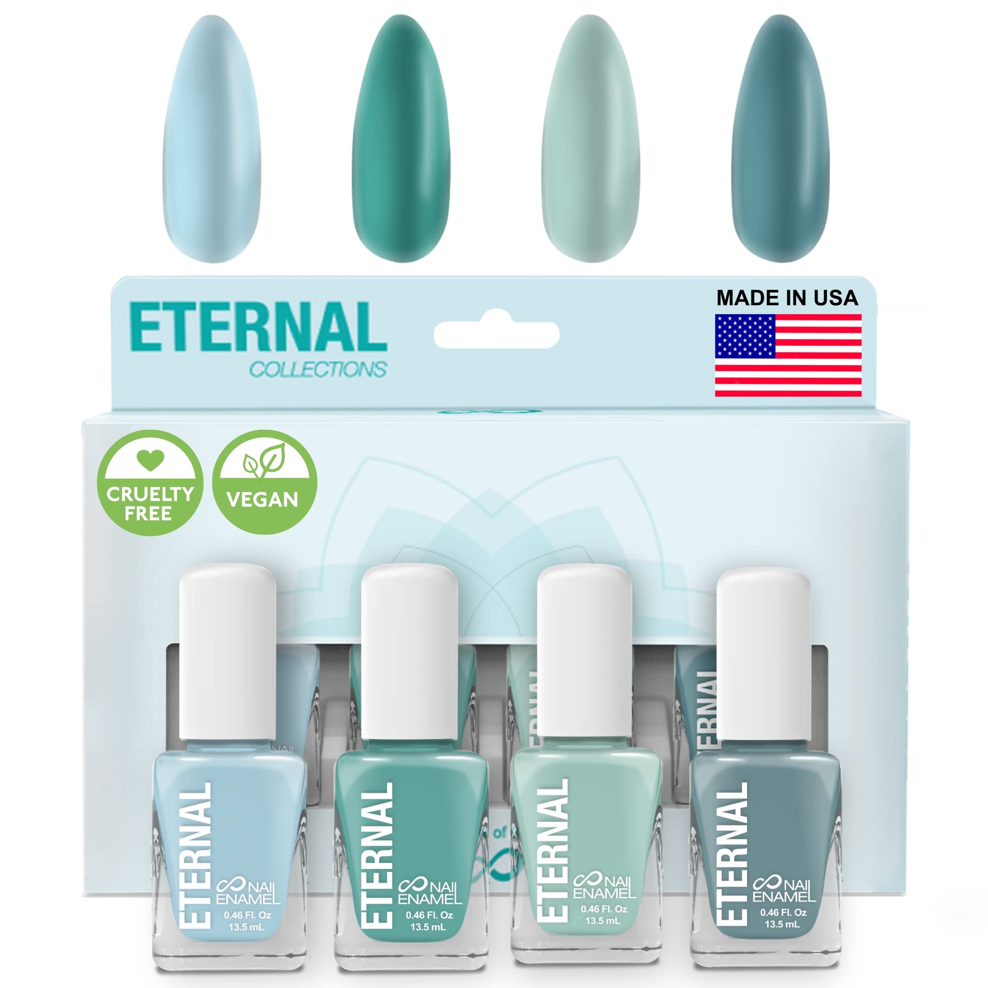Eternal Green Nail Polish Set bottles showing calming, soothing color tones for home manicure