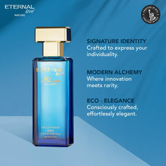 Eternal Love Blue ingredients close-up, premium oils for a refined fragrance