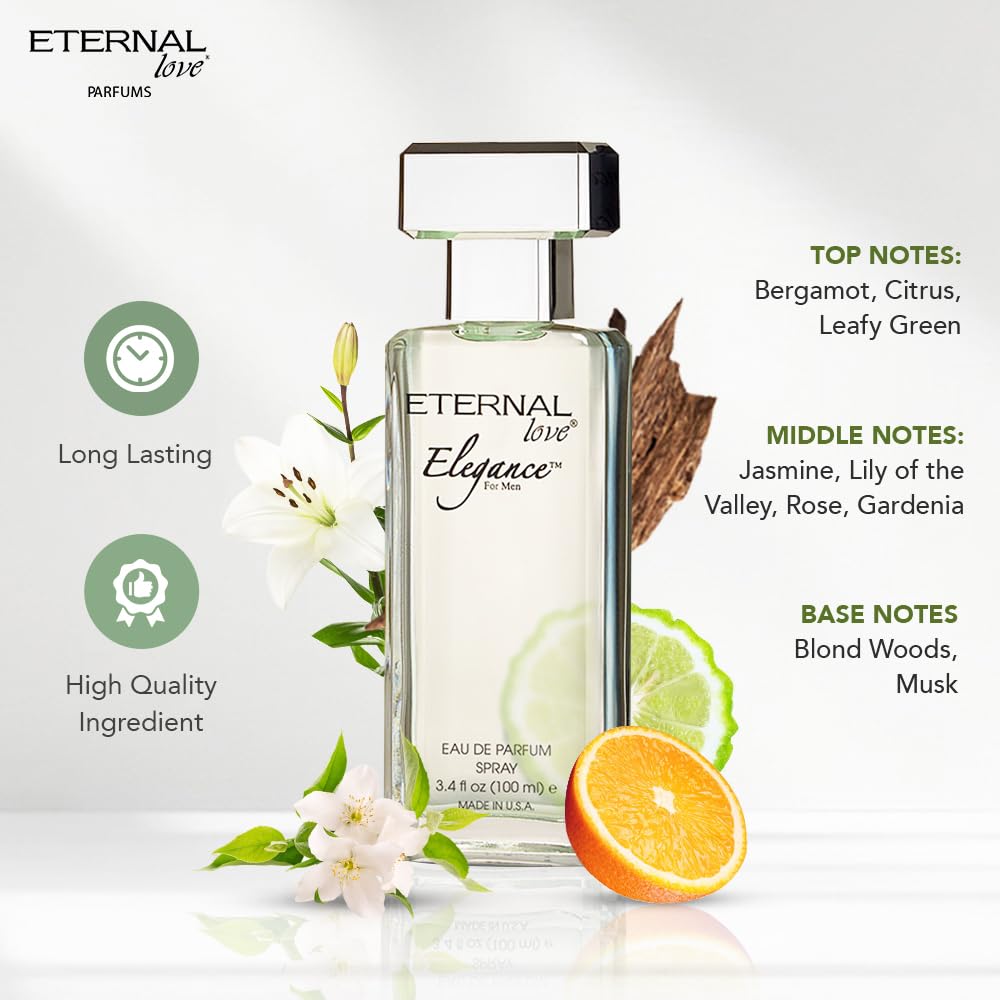 Eternal Love Elegance bottle side view, highlights long-lasting scent.