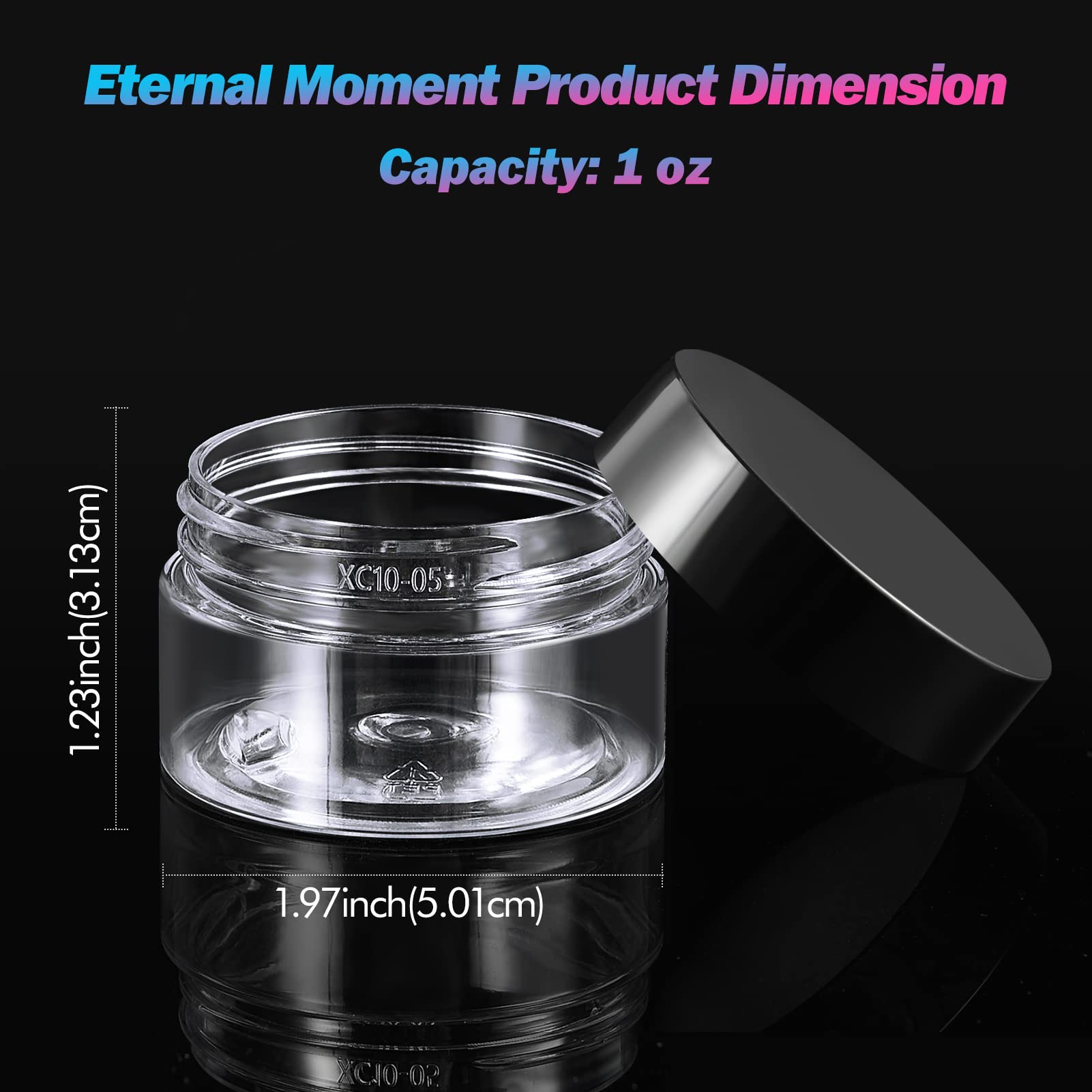 Eternal Moment 1oz round jars with black lids for easy storage