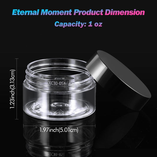 Eternal Moment 1oz round jars with black lids for easy storage