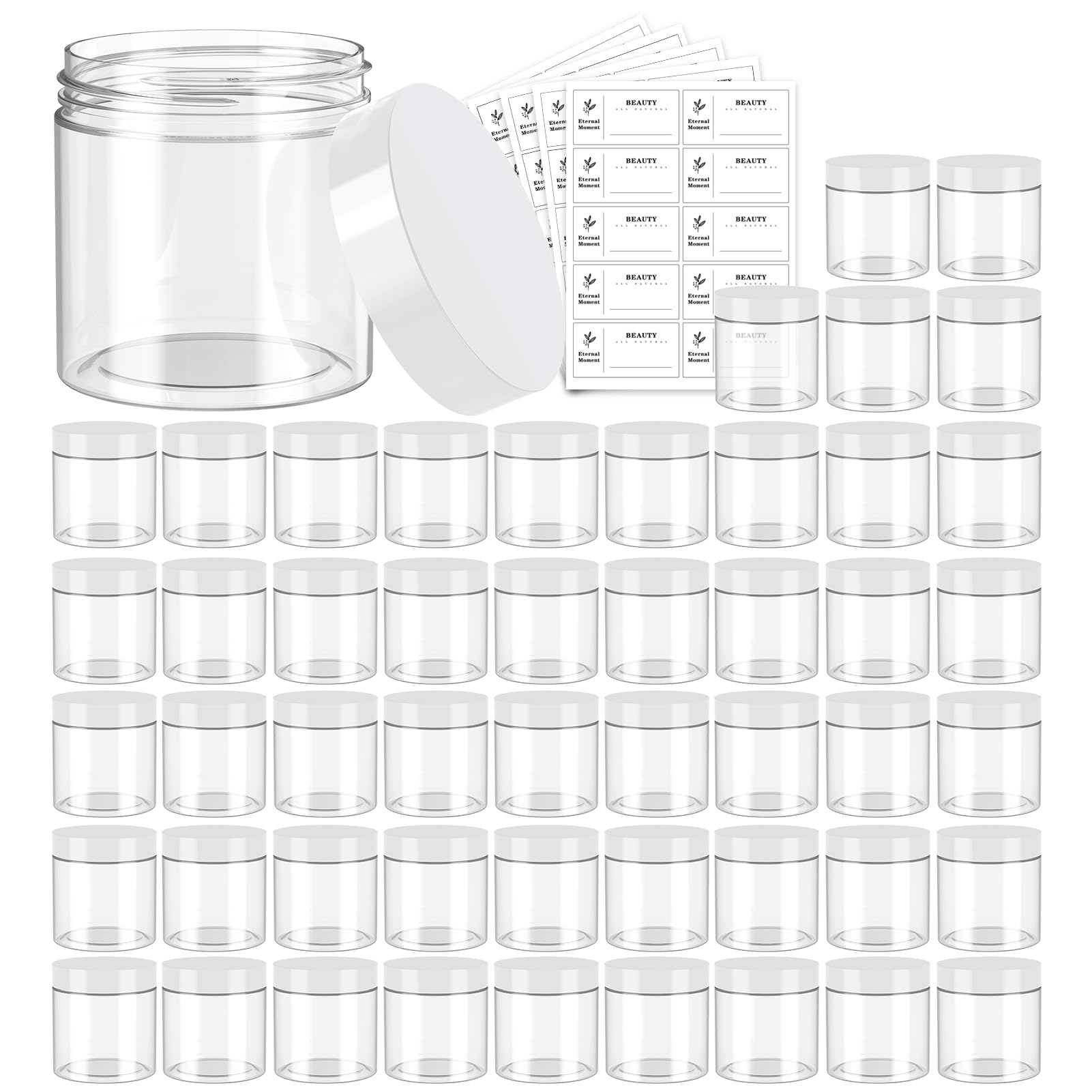 Eternal Moment 50-pack 4oz jars with white lids for versatile cosmetic storage.