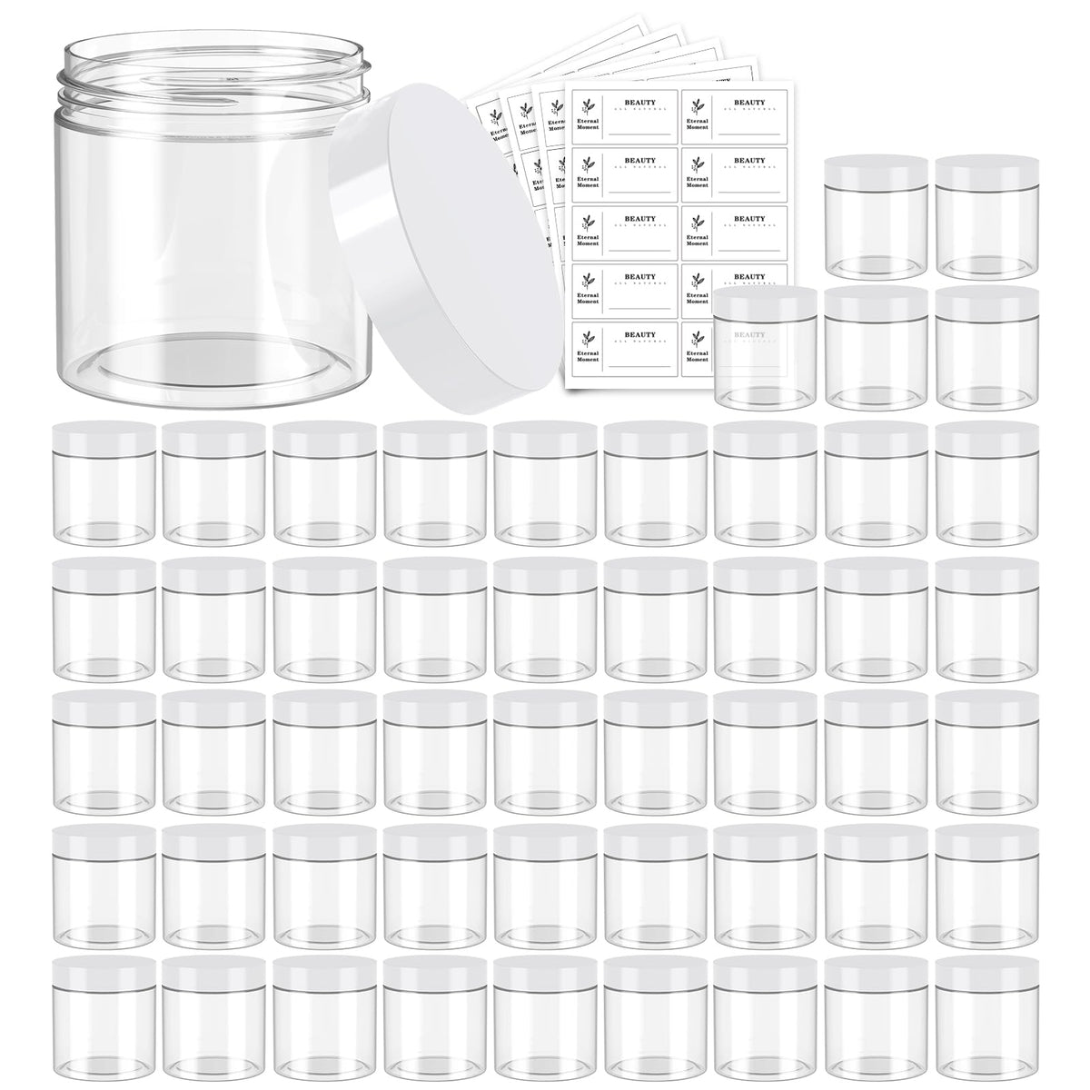 Eternal Moment 50-pack 4oz jars with white lids for versatile cosmetic storage.
