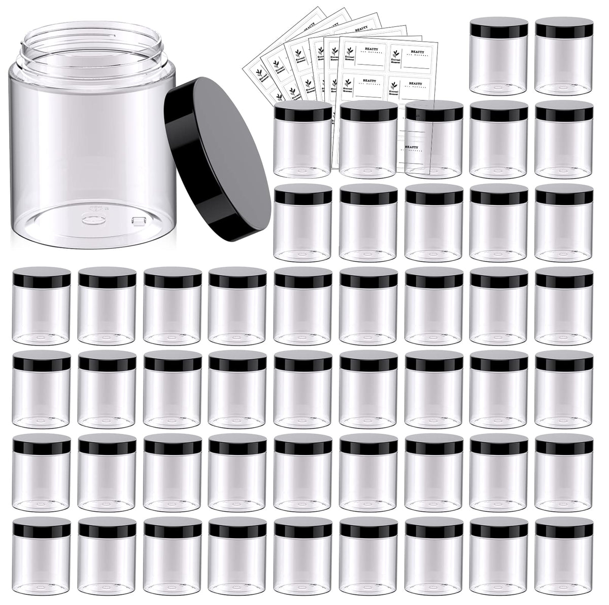 Eternal Moment 8oz clear jar with black lid for cosmetics and samples