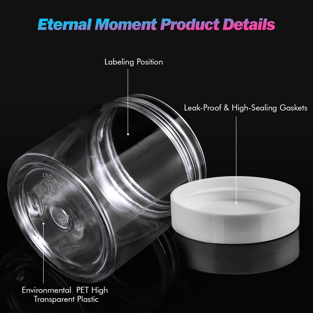 Eternal Moment clear plastic jars show contents clearly for easy labeling.