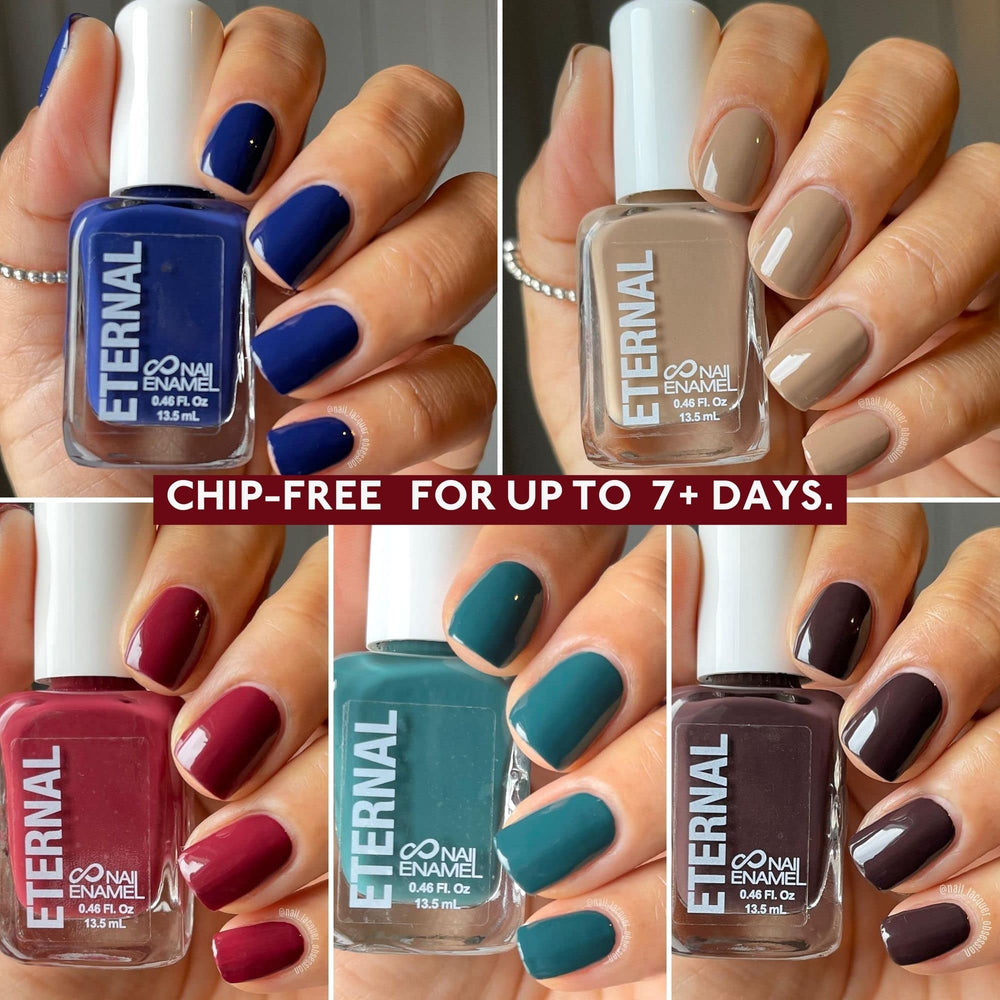 Eternal brown shade nail polish set for warm, office-ready nails.