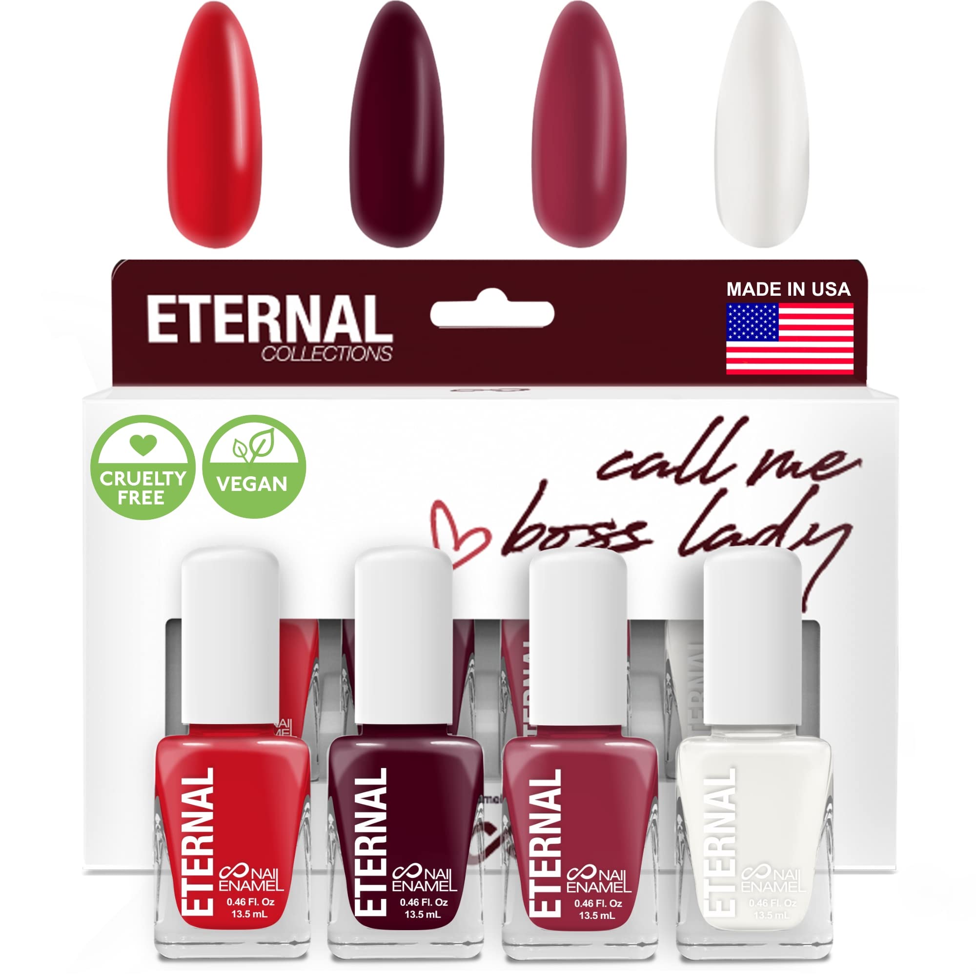 Eternal Call Me Boss Lady bottle shot highlighting quick-dry polish for at-home manicures.