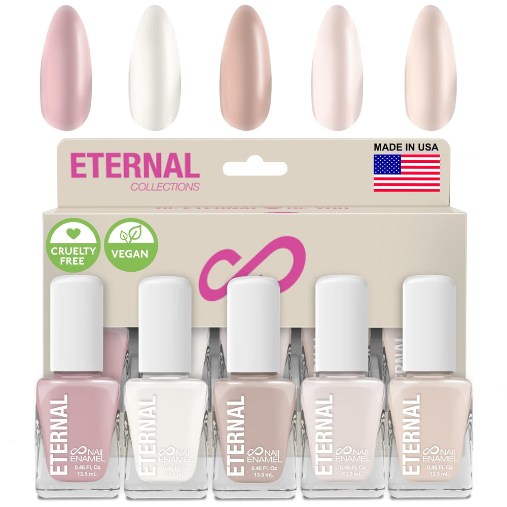 Eternal Pastel Nail Polish Set box closeup shows five timeless shades for versatile looks.