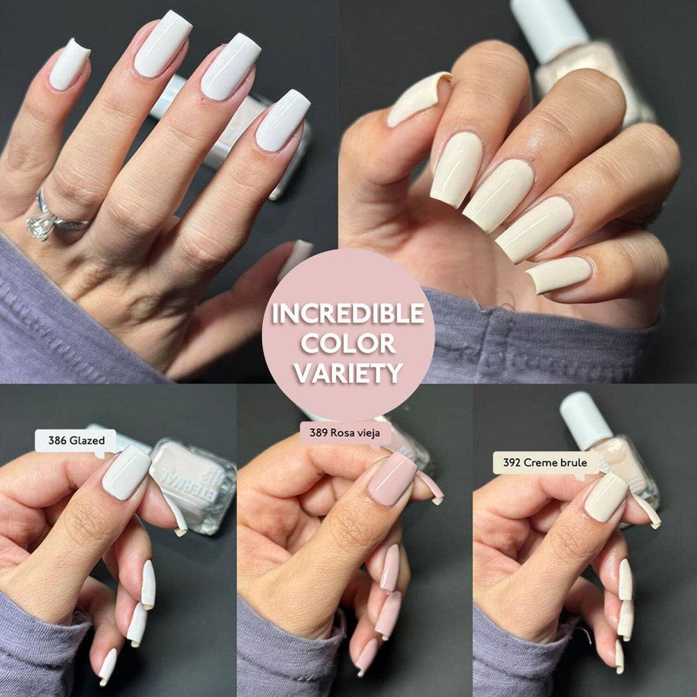 Eternal Pastel Nail Polish Set color swatches illustrate the range from nude to pink and brown.