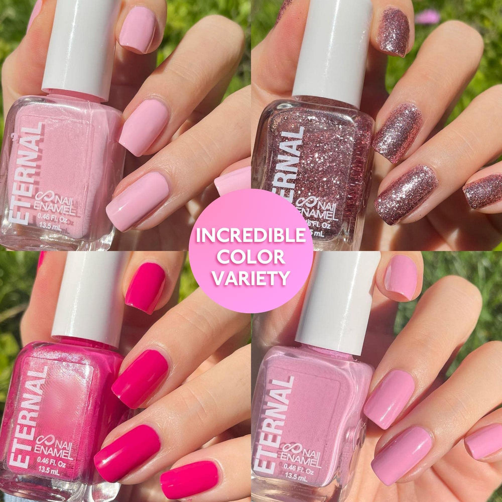Eternal PINKY PROMISE light pink swatches show delicate, wearable shade options.