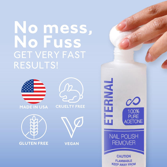 Eternal pure acetone bottle close-up ideal for fast polish and acrylic removal.