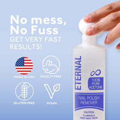 Eternal pure acetone bottle close-up ideal for fast polish and acrylic removal.