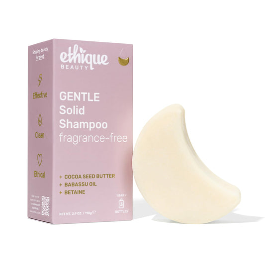 Ethique Gentle Unscented Shampoo Bar packaging highlights plastic-free design for sustainable care