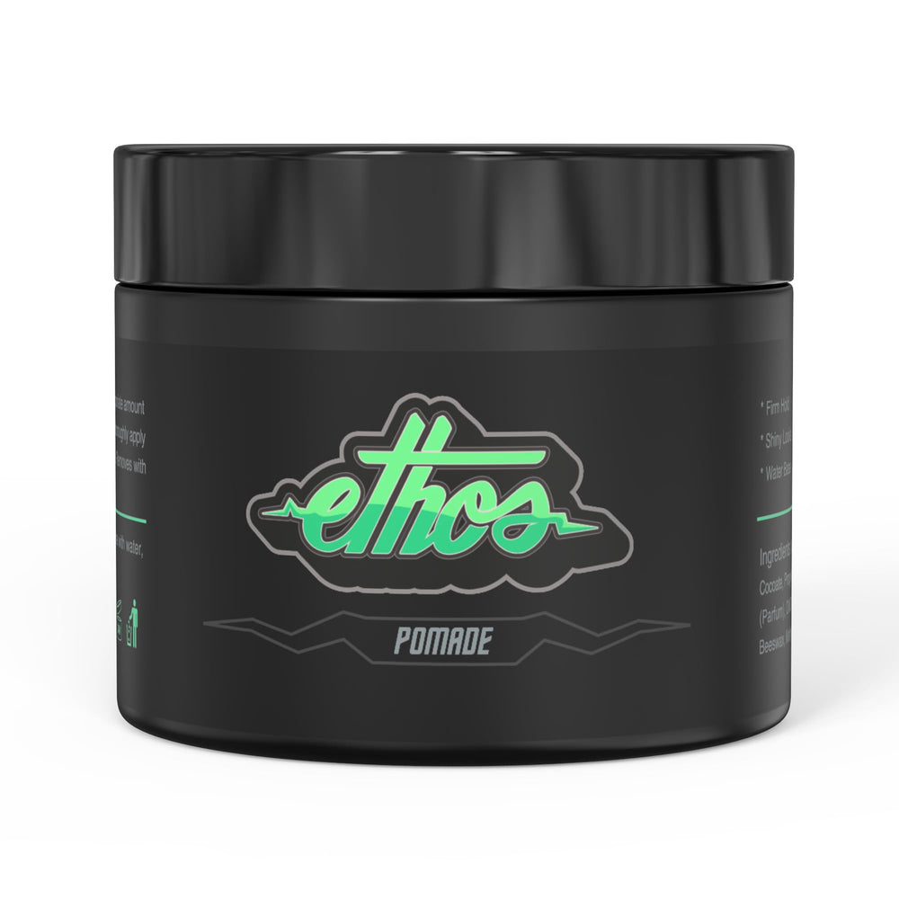 Ethos Styling Wax Pomade bottle demonstrating all-day hold and fragrance