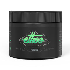 Ethos Styling Wax Pomade bottle demonstrating all-day hold and fragrance