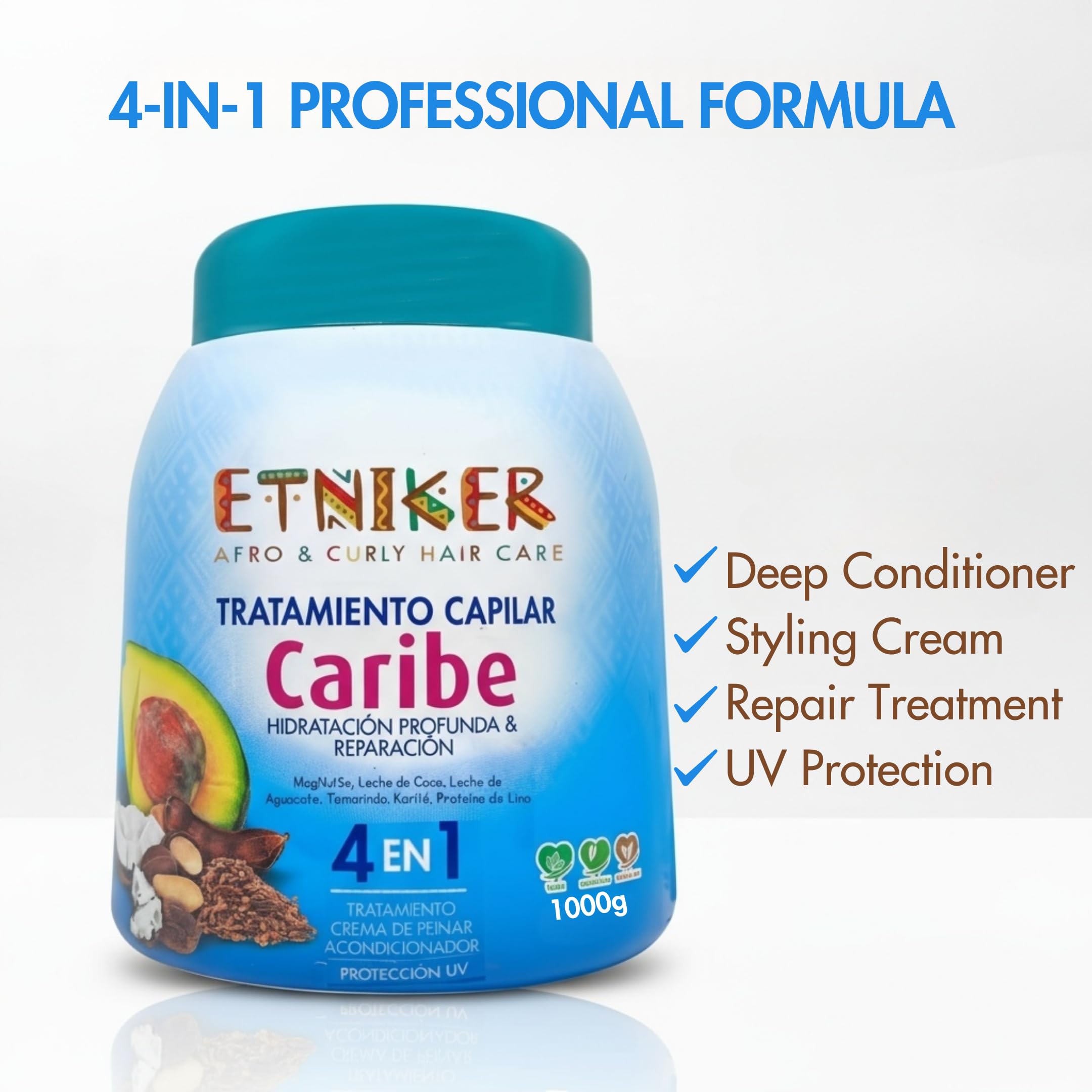 Etniker Caribe hydrating curl cream on a model's curls delivering soft, defined results.