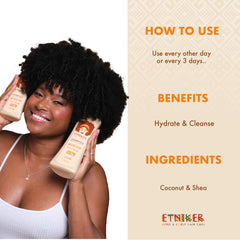 ETNIKER Nourishing Shampoo coconut oil glow close-up demonstrates hydration and natural shine.