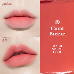 ETUDE Fixing Tint 19 Coral Breeze applied to lips for vibrant color and lightweight feel