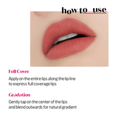 Etude Fixing Tint Berry Red on lips shows even matte coverage.