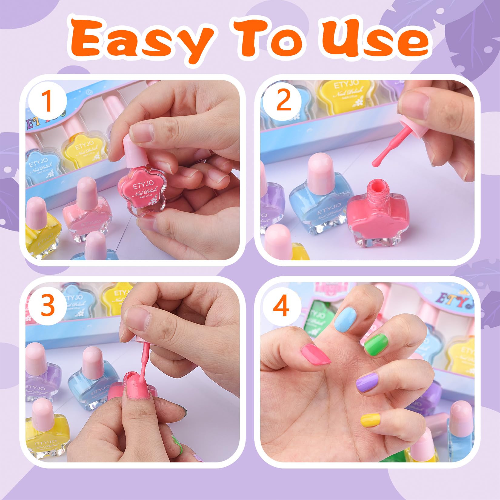ETYJO Safe for ages 3-12 nail polish set designed for kids.