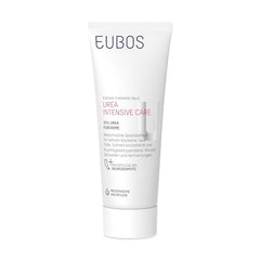 Close-up of EUBOS foot care cream being applied to dry skin.