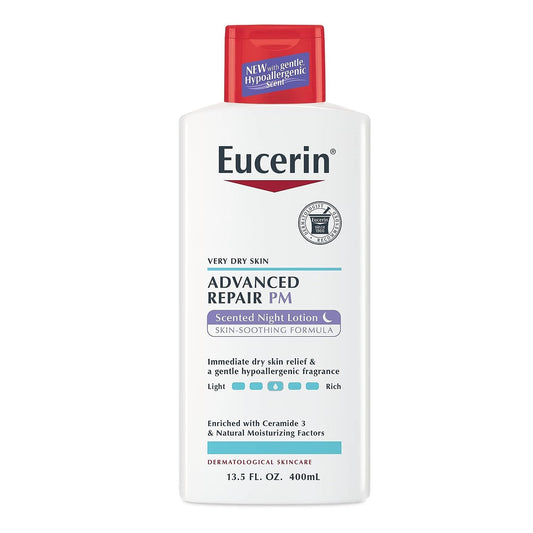 Eucerin Advanced Repair Scented Night Lotion bottle on bathroom shelf for overnight hydration.