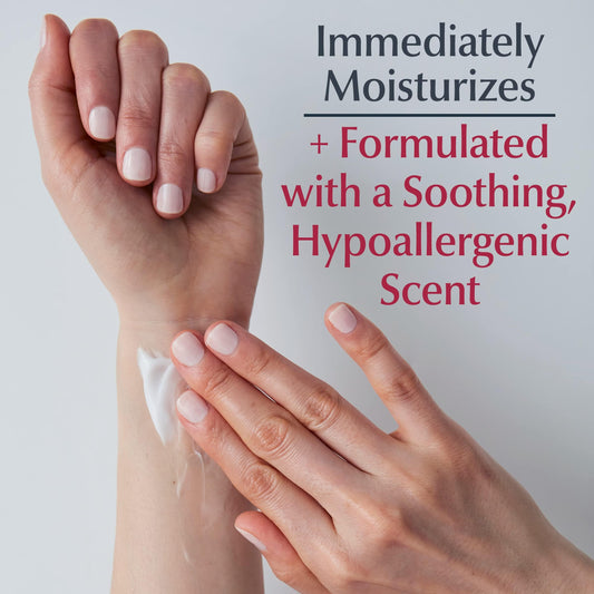 Close-up of Eucerin Advanced Repair Scented Night Lotion texture showing smooth, fast-absorbing formula for dry skin.