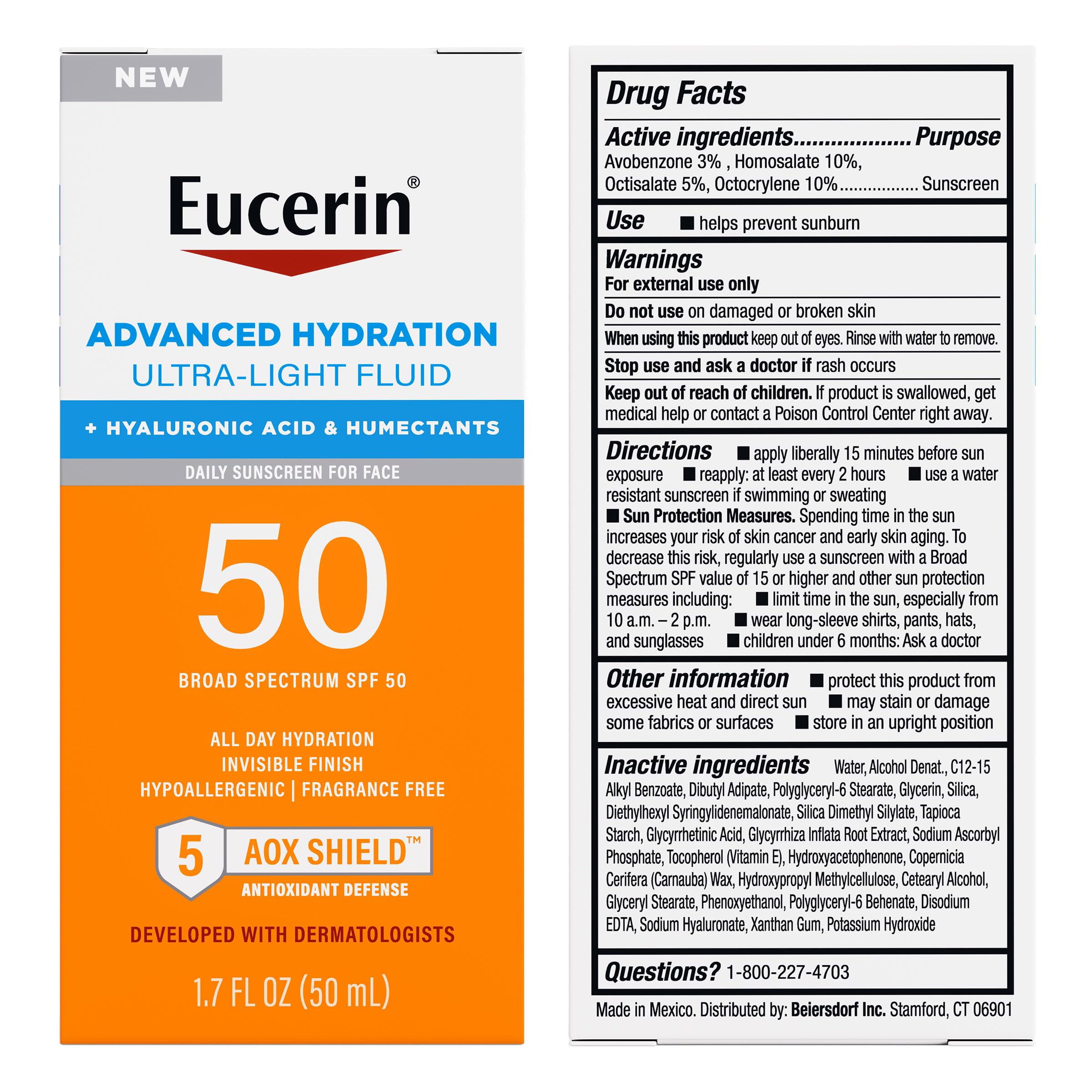 Bottle placed beside sunscreen ingredients graphic.