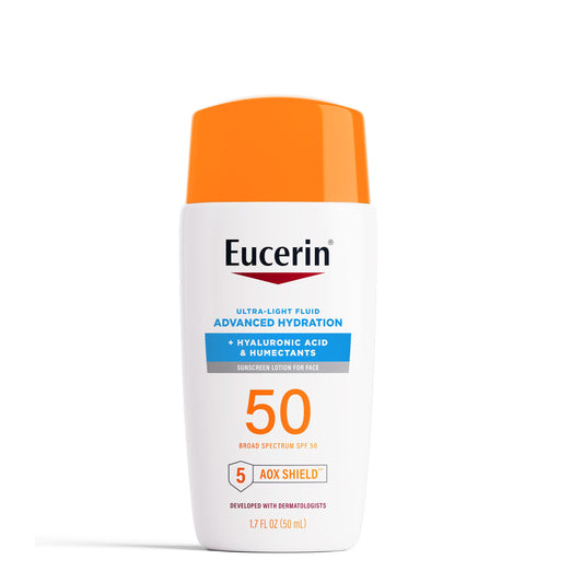 Eucerin Sun Advanced Hydration SPF 50 bottle for daily lightweight sun protection.
