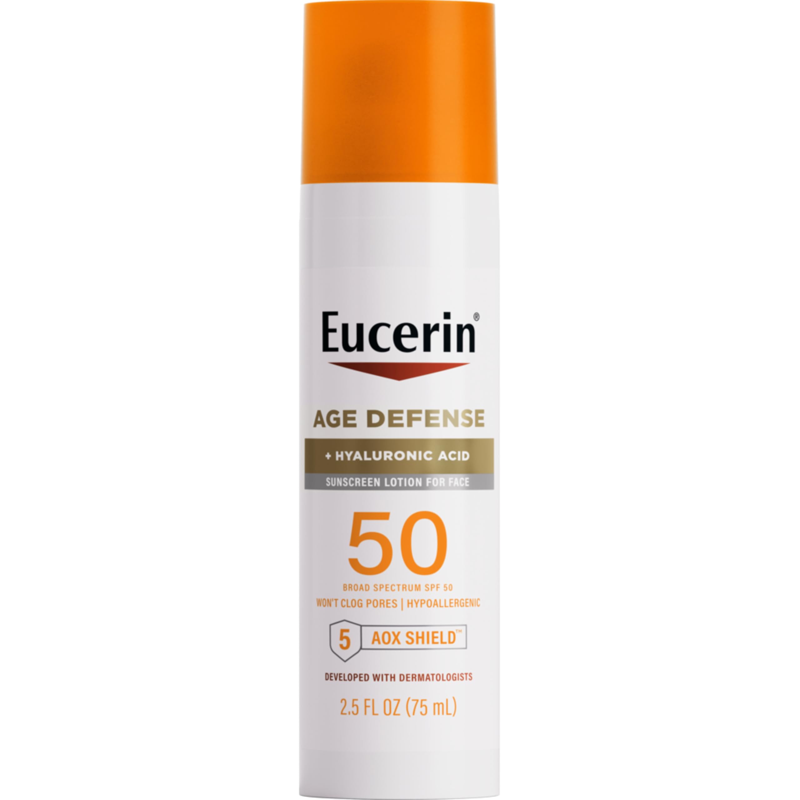 Eucerin Sun Age Defense SPF 50 bottle pump for easy daily application.
