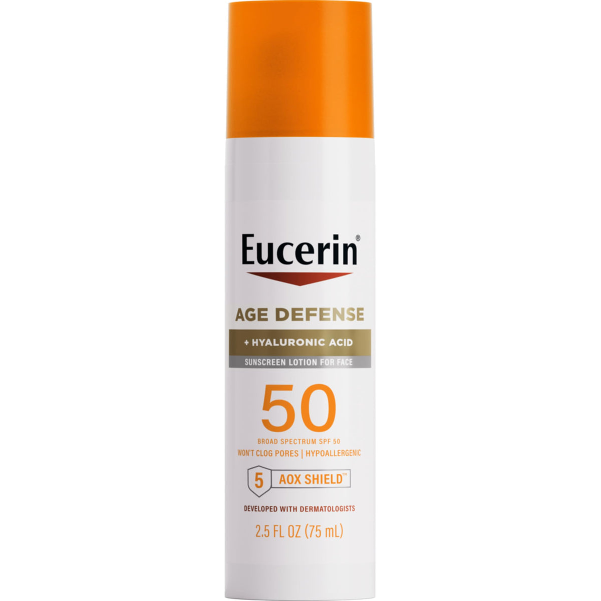Eucerin Sun Age Defense SPF 50 bottle pump for easy daily application.