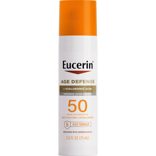 Eucerin Sun Age Defense SPF 50 bottle pump for easy daily application.