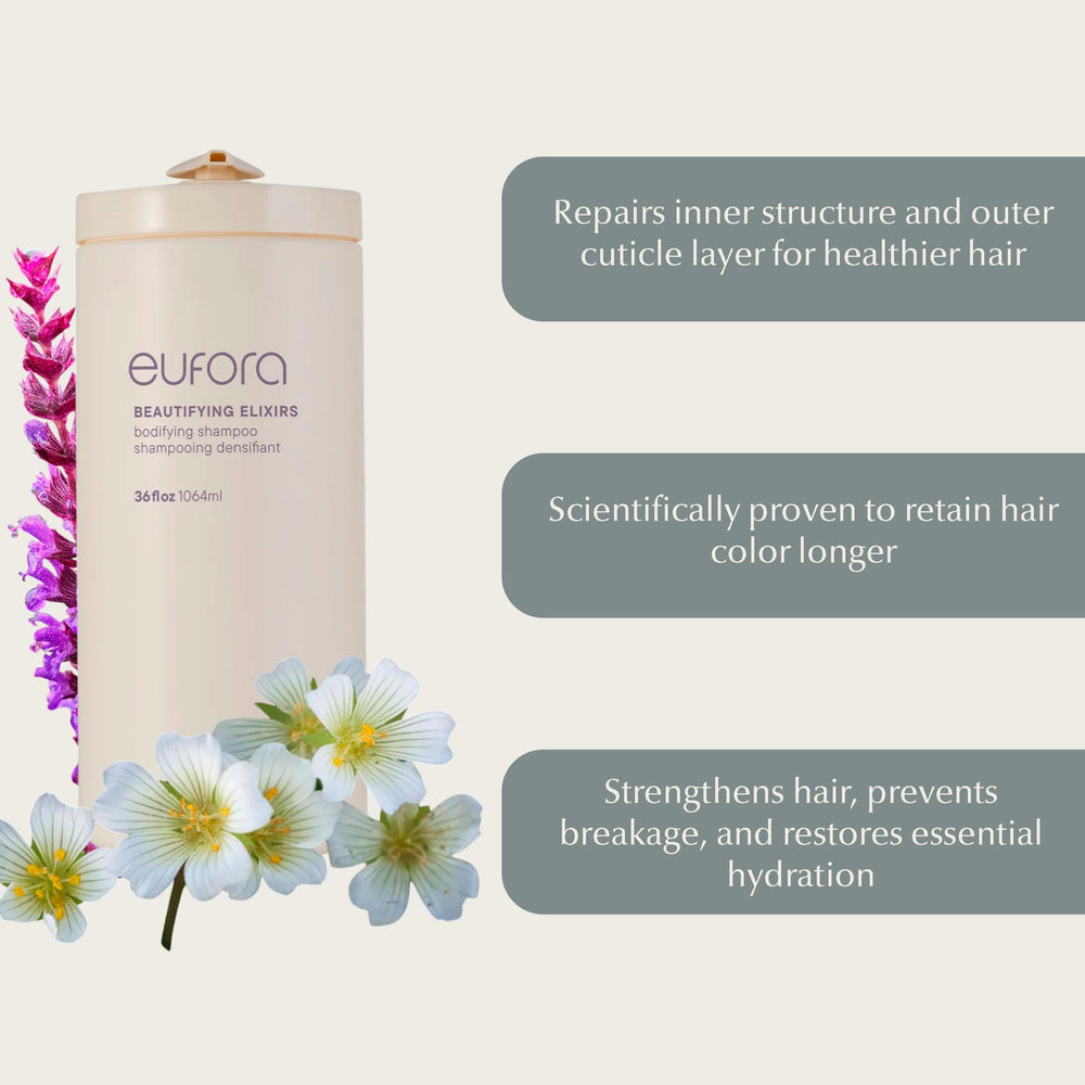 Eufora Beautifying Elixirs Bodifying Shampoo packaging signals premium color care