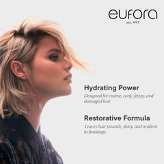 Close-up of Eufora Moisture Intense Shampoo label highlighting color protection