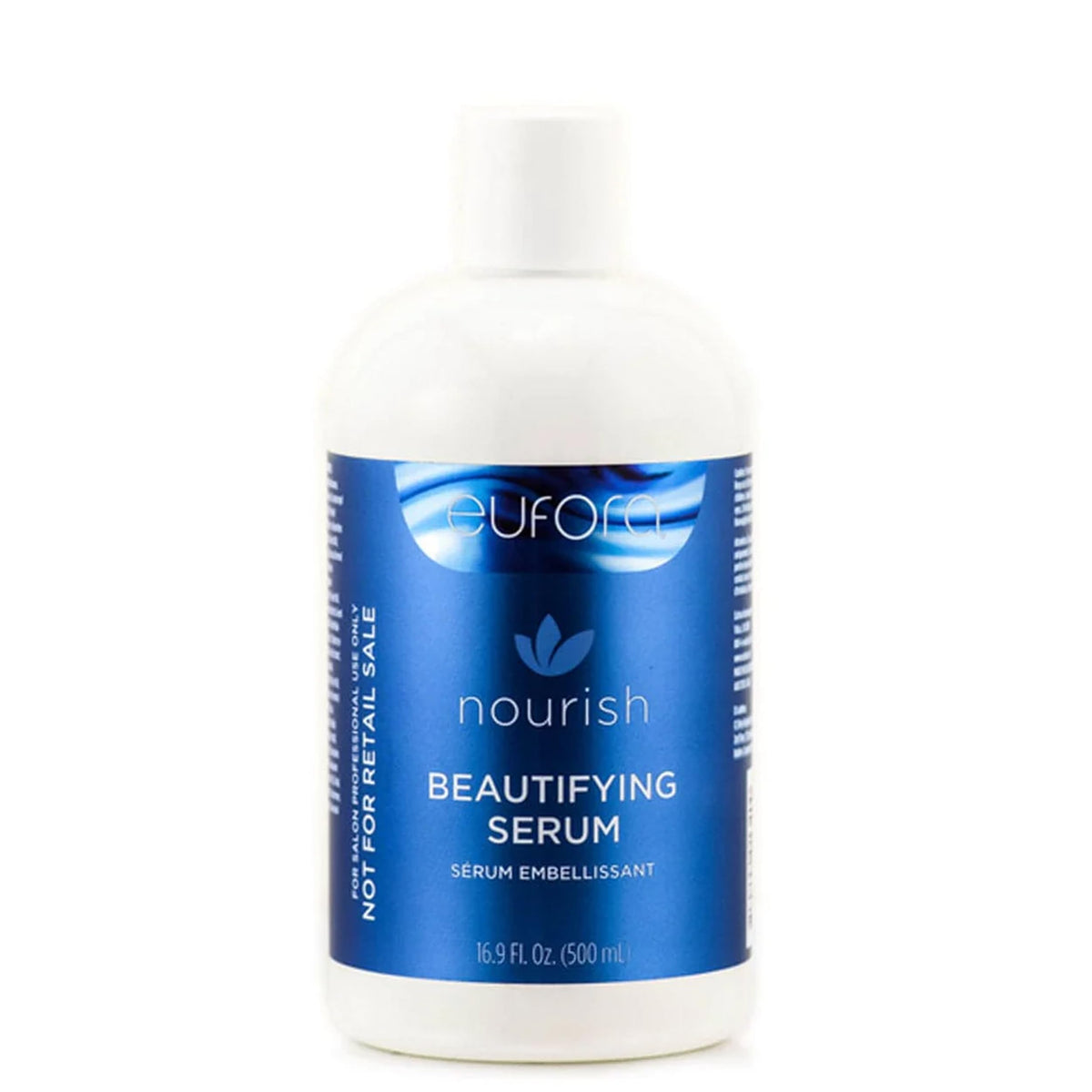 Eufora Beautifying Serum bottle highlights nourishing oils for frizz control and shine.