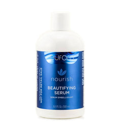Eufora Beautifying Serum bottle highlights nourishing oils for frizz control and shine.