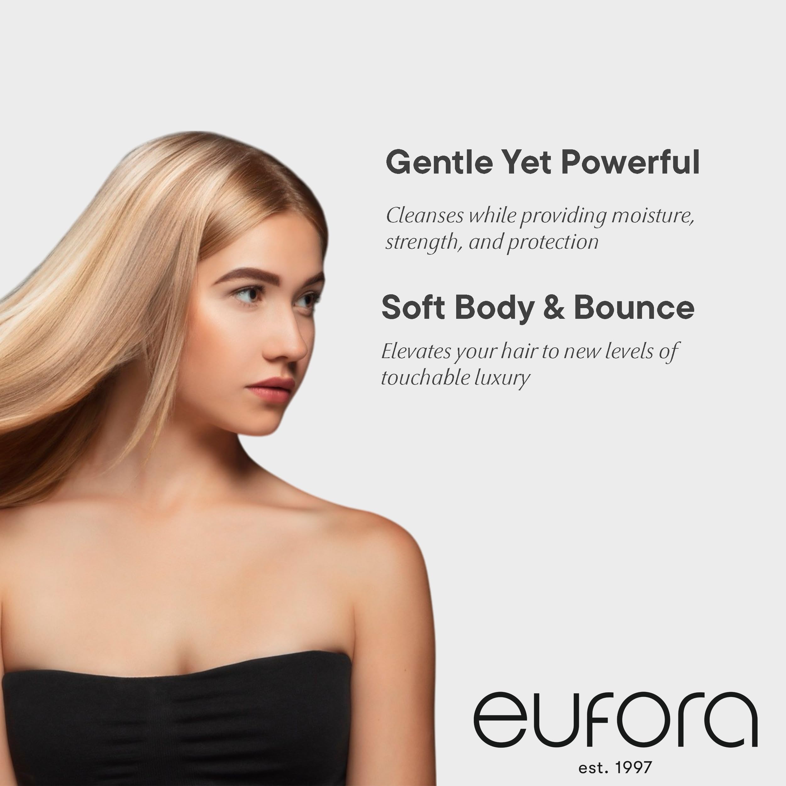 Eufora Bodifying Shampoo pour bottle highlights color-safe cleansing for color-treated hair