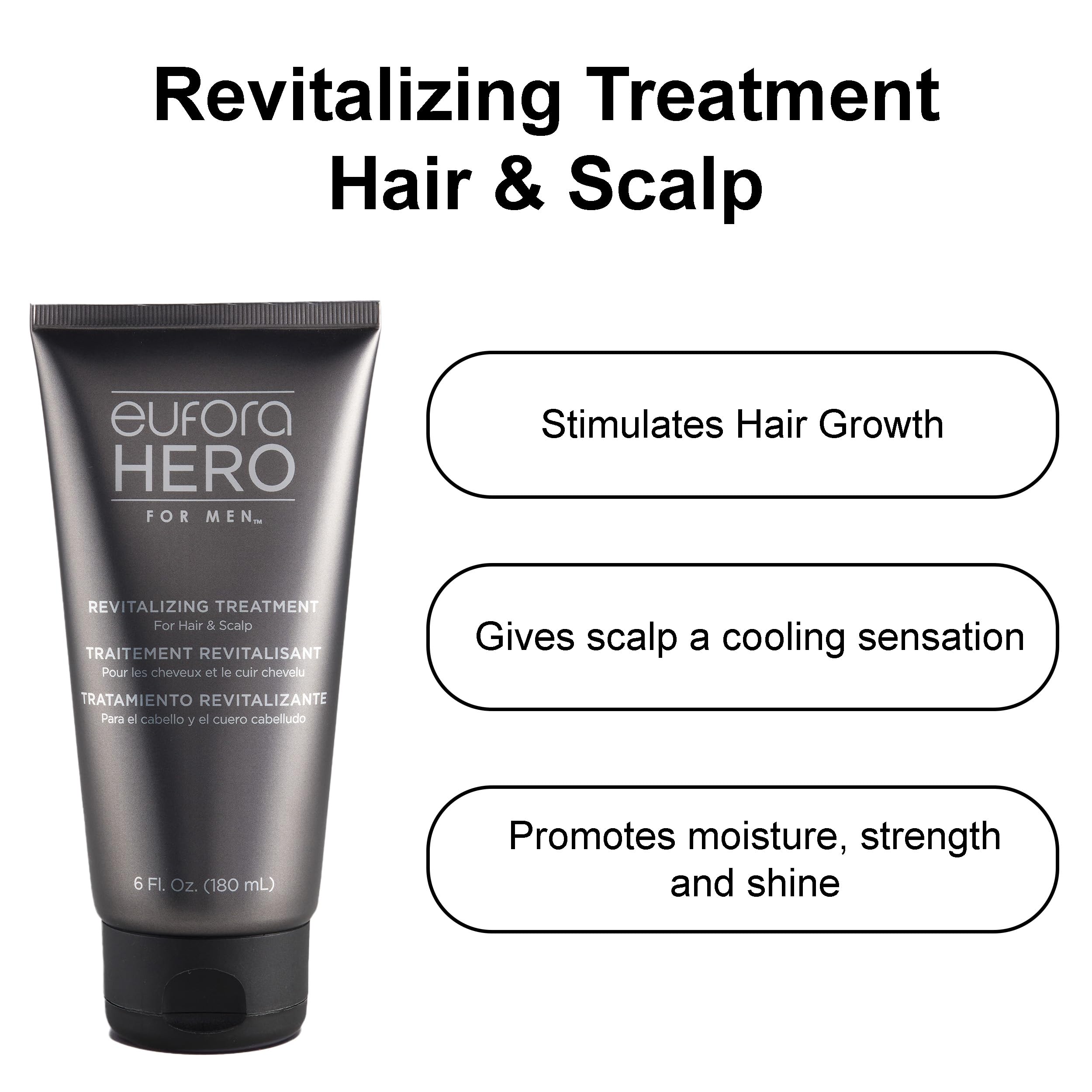 Eufora Hero Men Revitalizing Treatment being poured for even scalp distribution and refreshing feel