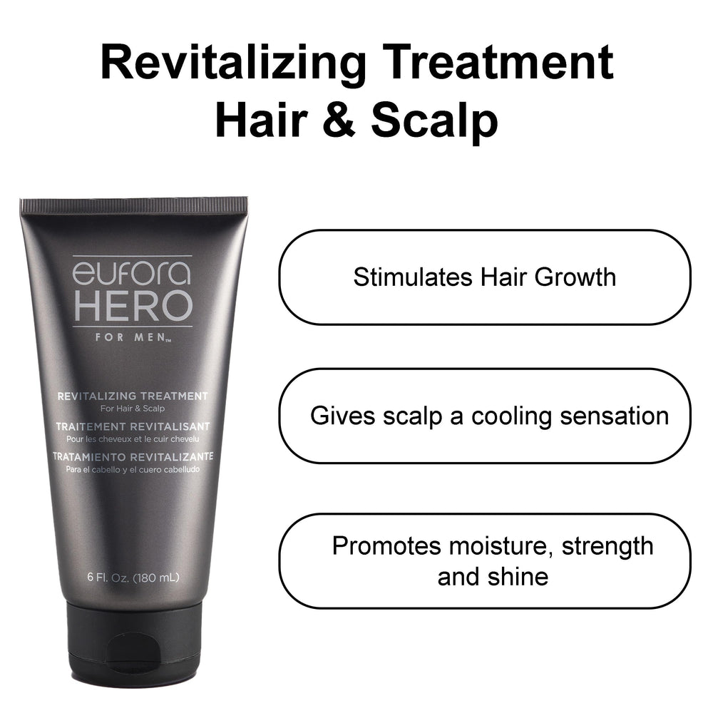 Eufora Hero Men Revitalizing Treatment being poured for even scalp distribution and refreshing feel