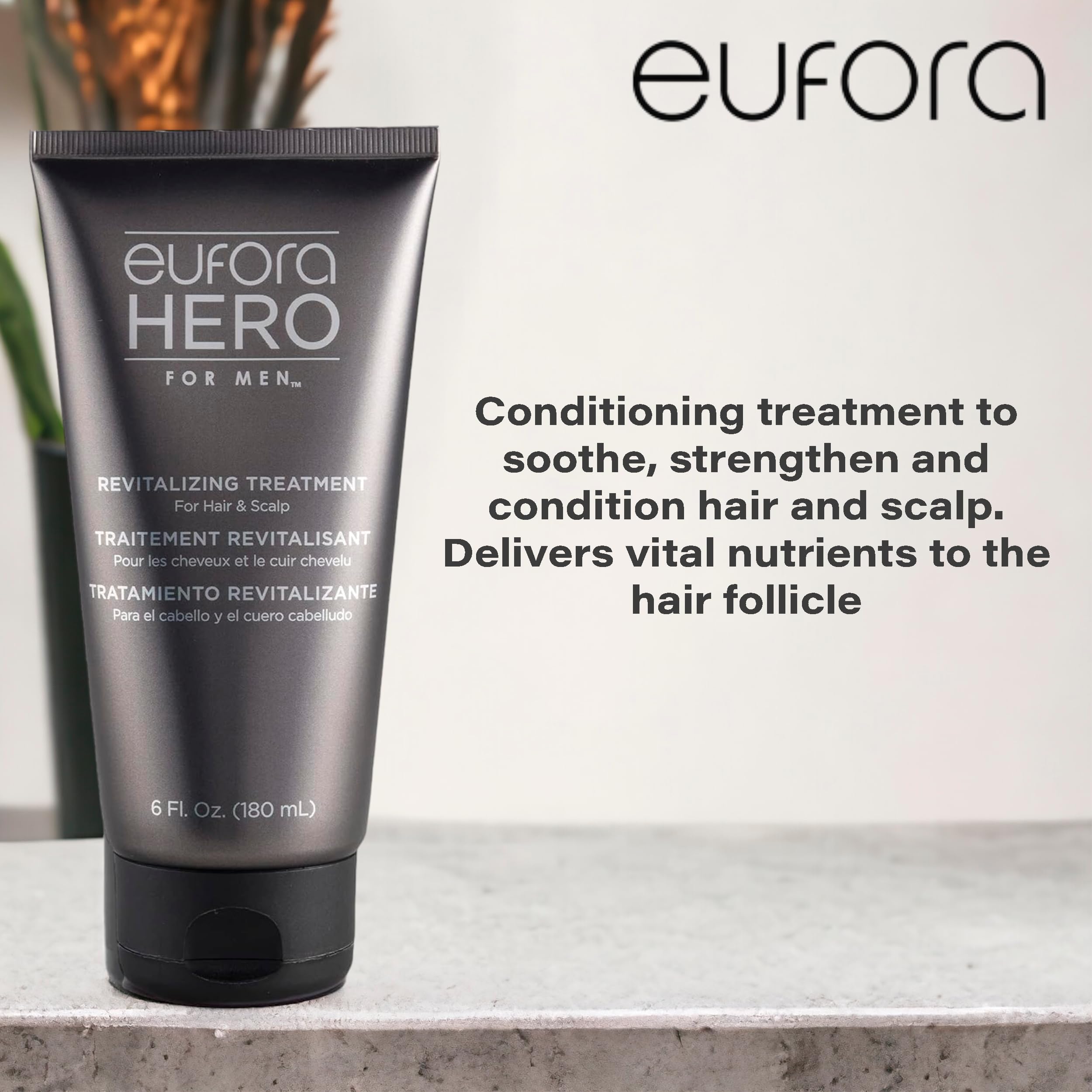 Eufora Hero Men Revitalizing Treatment texture on palm showing creamy serum for moisture