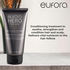 Eufora Hero Men Revitalizing Treatment texture on palm showing creamy serum for moisture