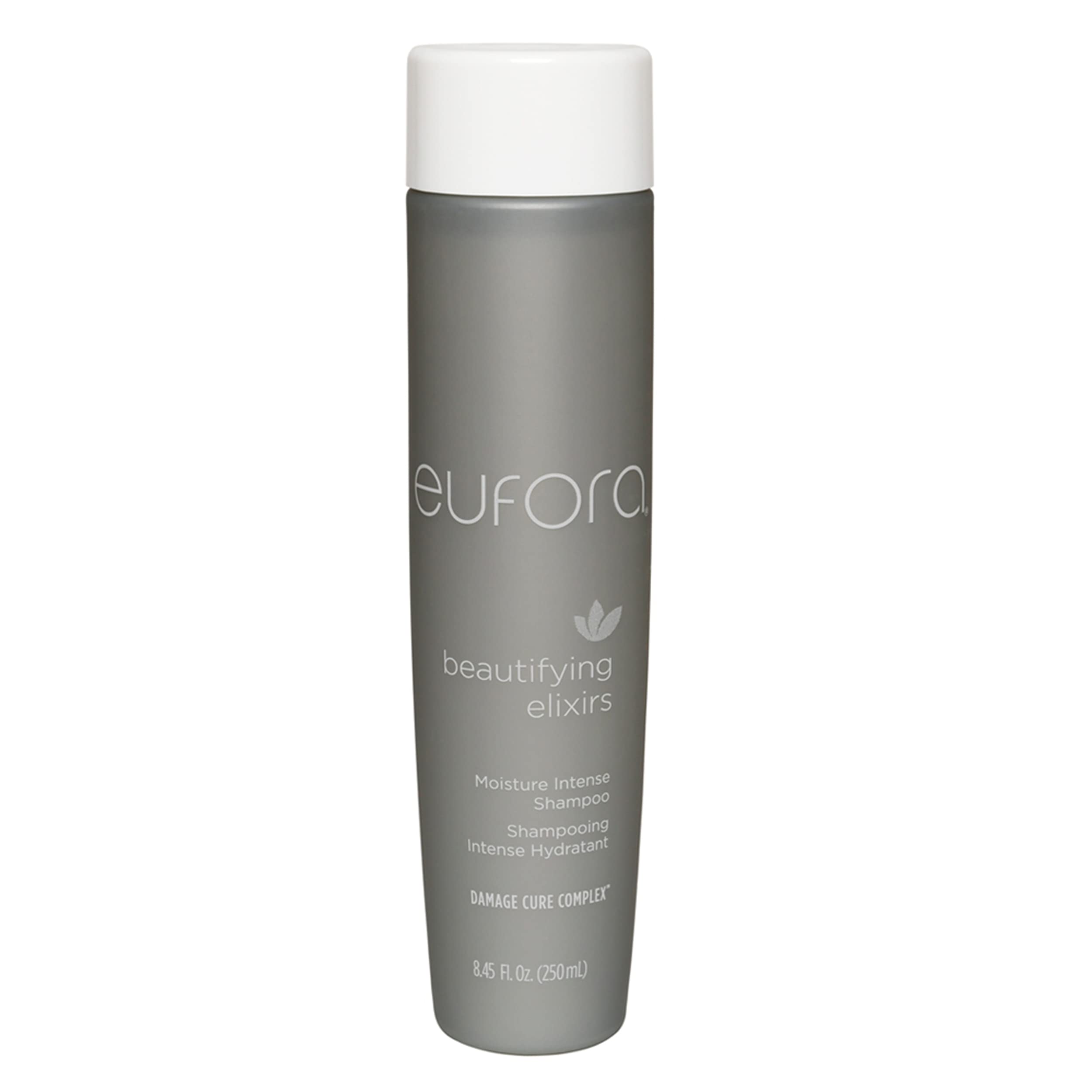 Eufora Moisture Intense Shampoo bottle close-up showing hydration benefits