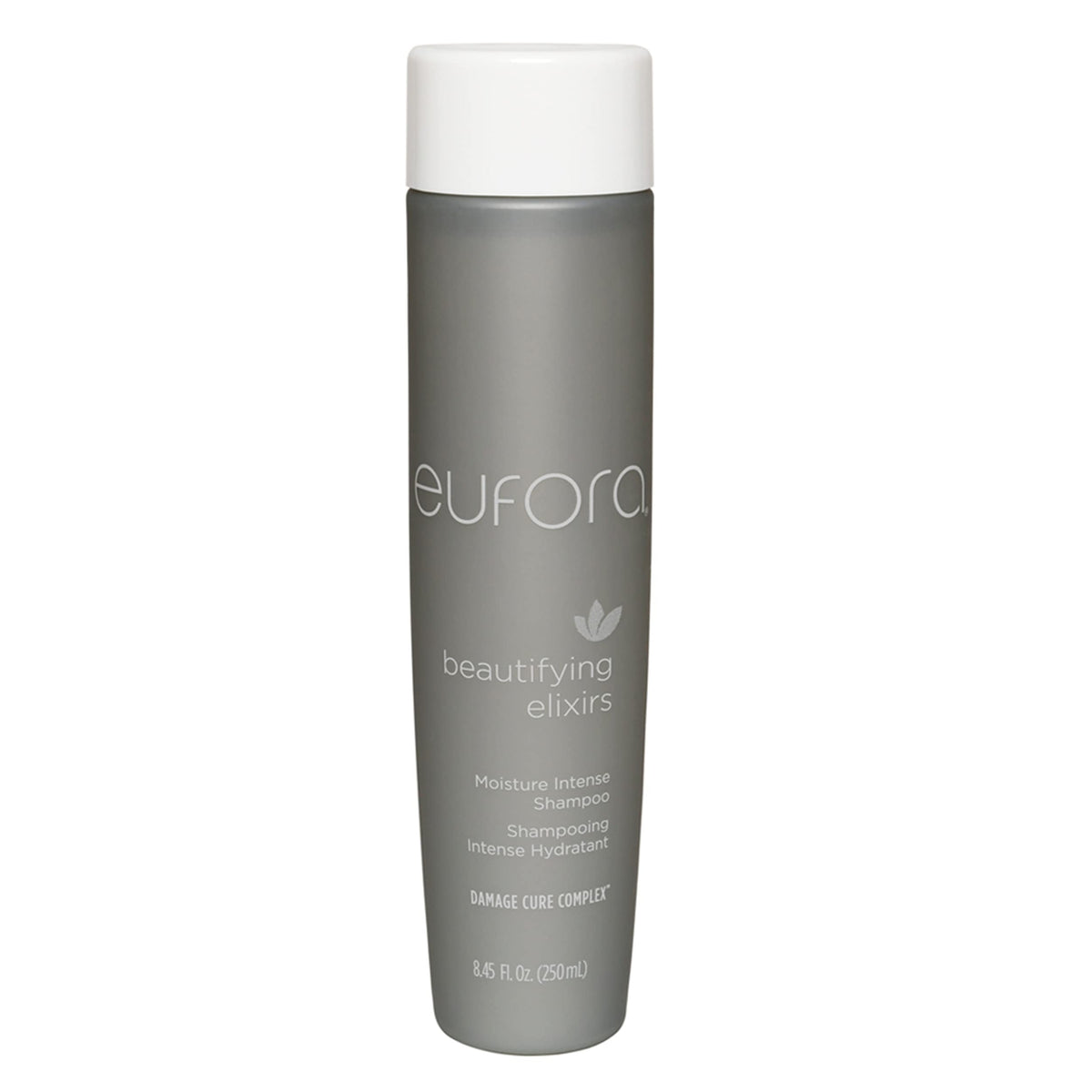 Eufora Moisture Intense Shampoo bottle close-up showing hydration benefits