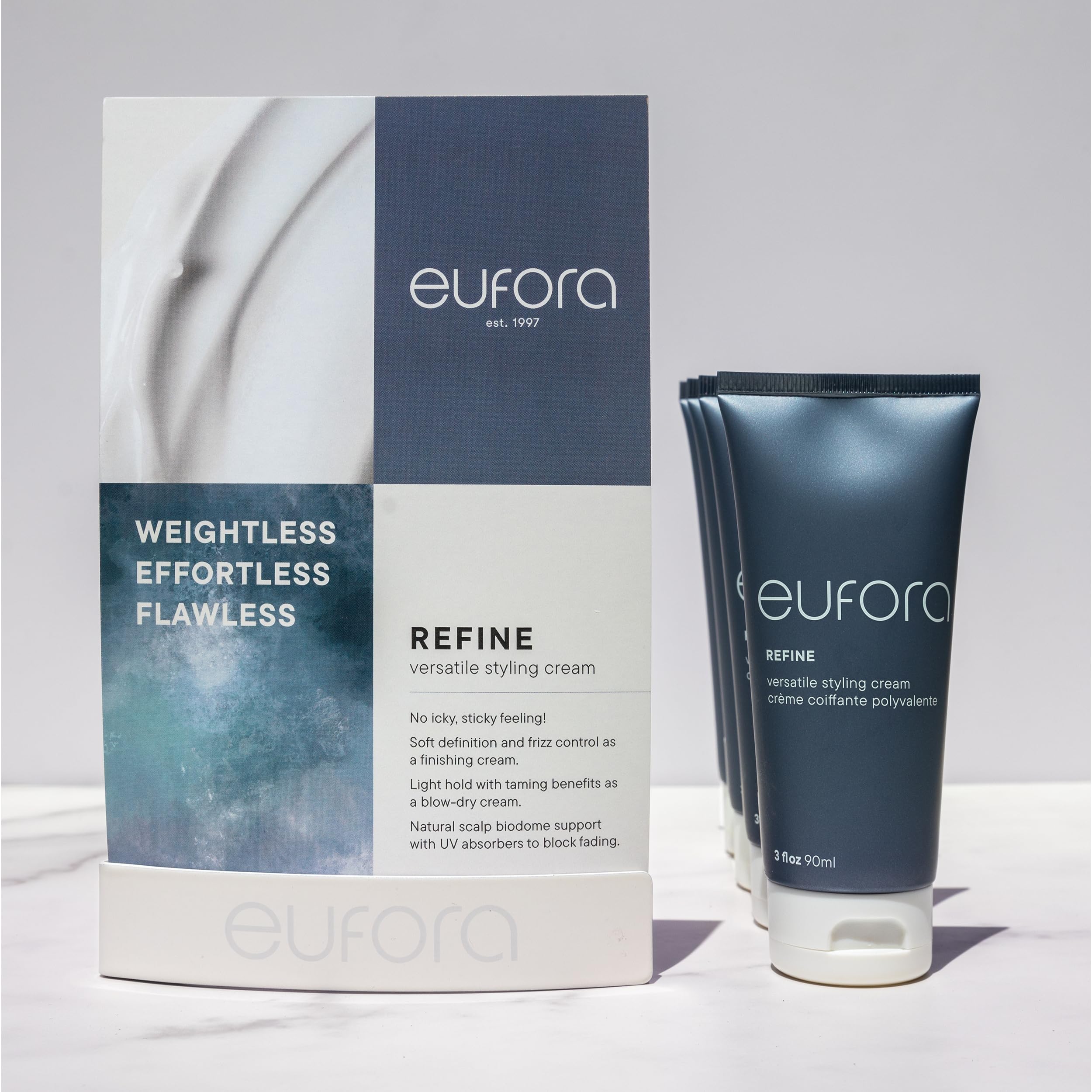 Eufora Refine blow-dry-ready cream aids smooth, quick styling.