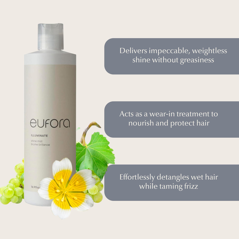 Hair with radiant gloss achieved by Eufora Shine Mist Spray IlluminATE.