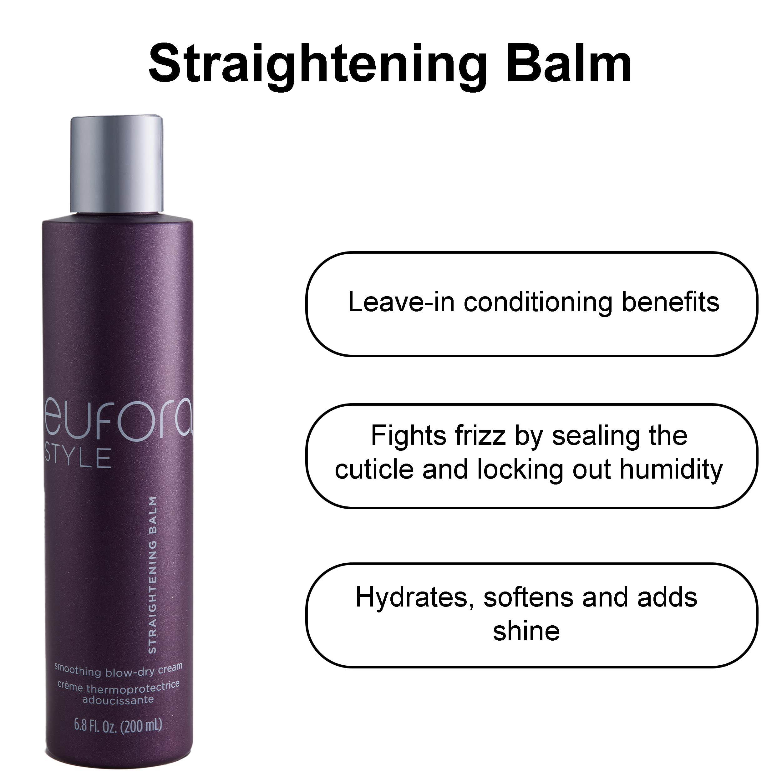 Eufora Straightening Balm label close-up highlighting premium hair care.